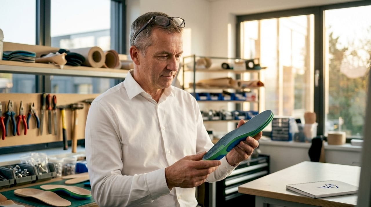 Detailaufnahme: Hände prüfen eine orthopädische Sporteinlage auf ihre Qualität.