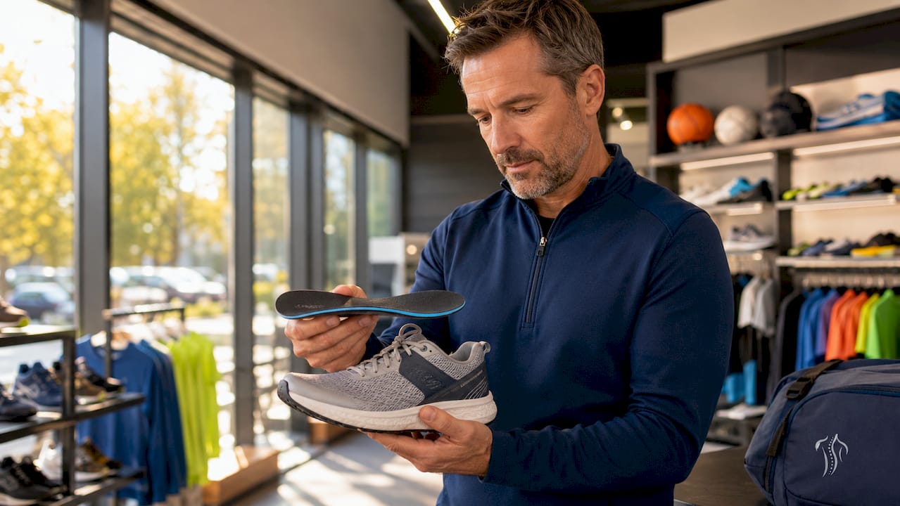 Detailaufnahme: Hände halten Einlegesohlen und Laufschuhe
