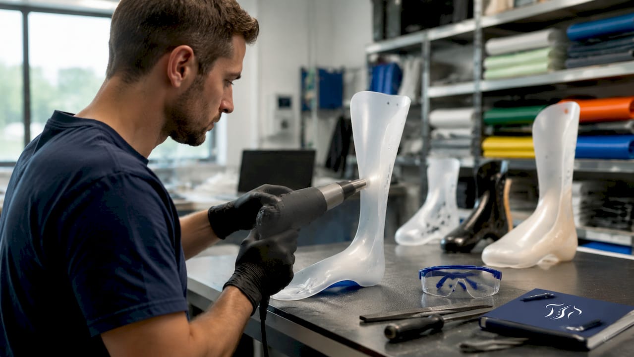 Ein Orthopädietechniker fertigt eine Fußorthese aus thermoplastischem Material individuell an.
