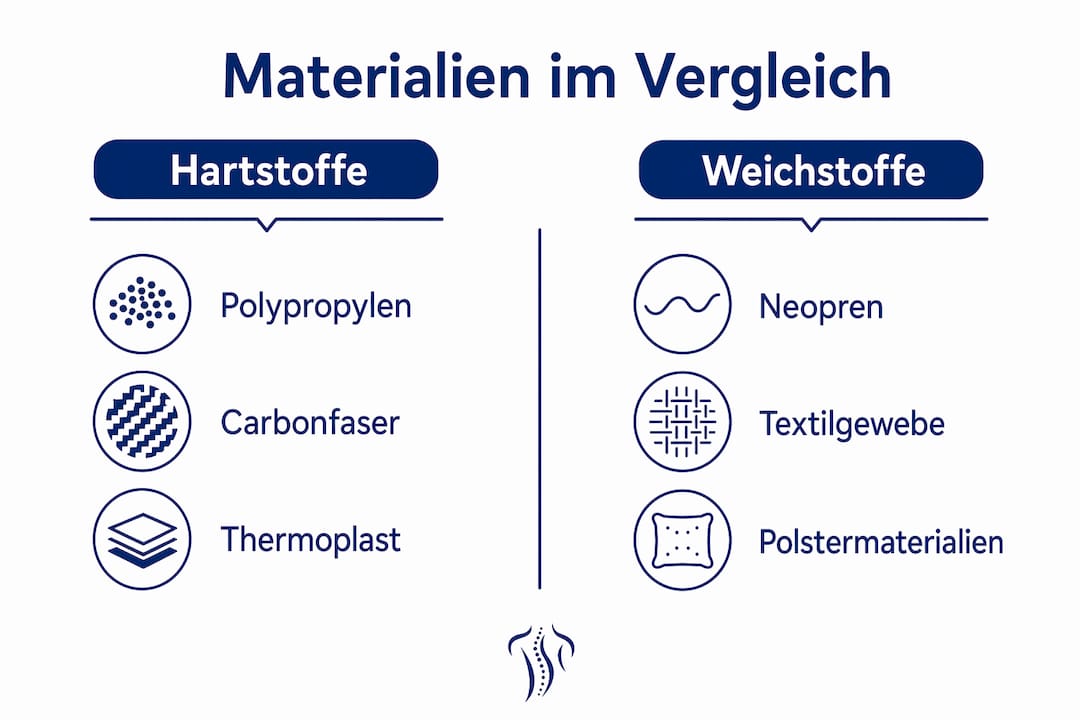 Eine Infografik zeigt die Unterschiede zwischen festen und flexiblen Materialien für Fußorthesen auf.