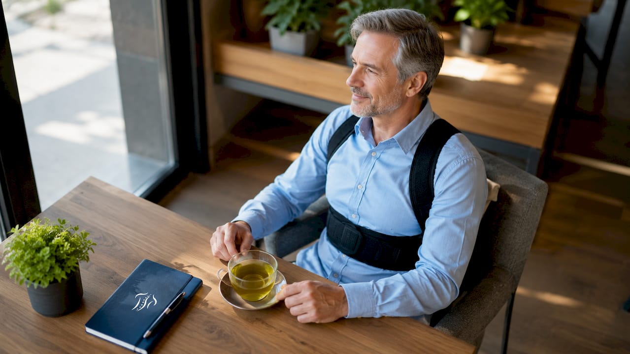 Ein Mann sitzt mit einer Rückenstütze am Schreibtisch.