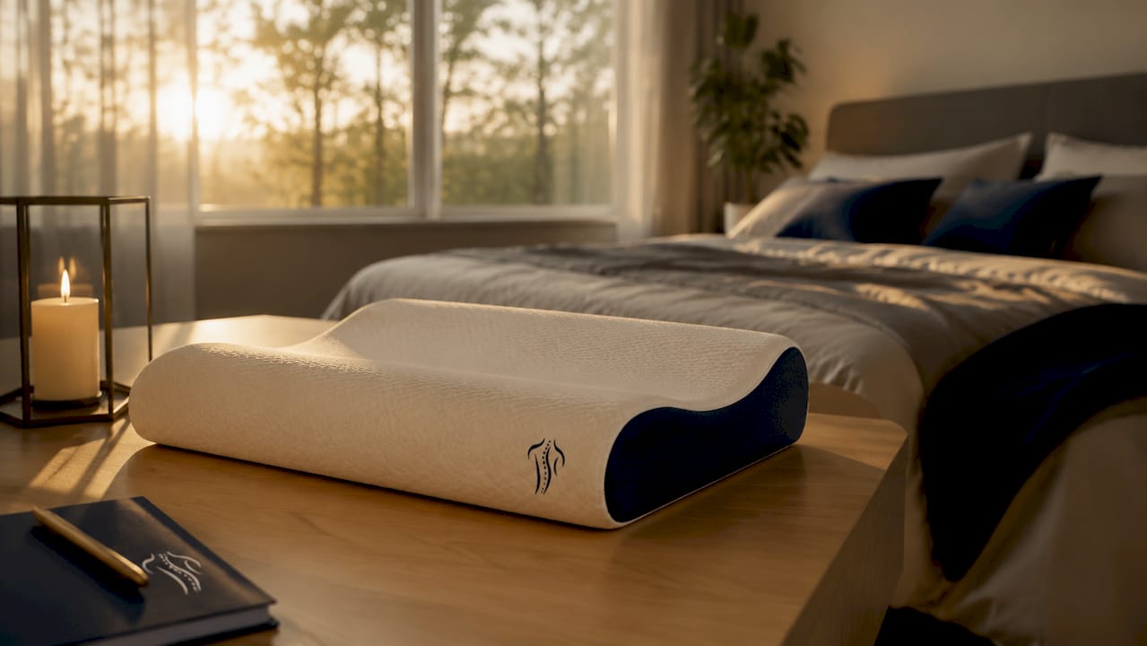 Detailaufnahme eines ergonomischen Nackenkissens auf dem Nachttisch