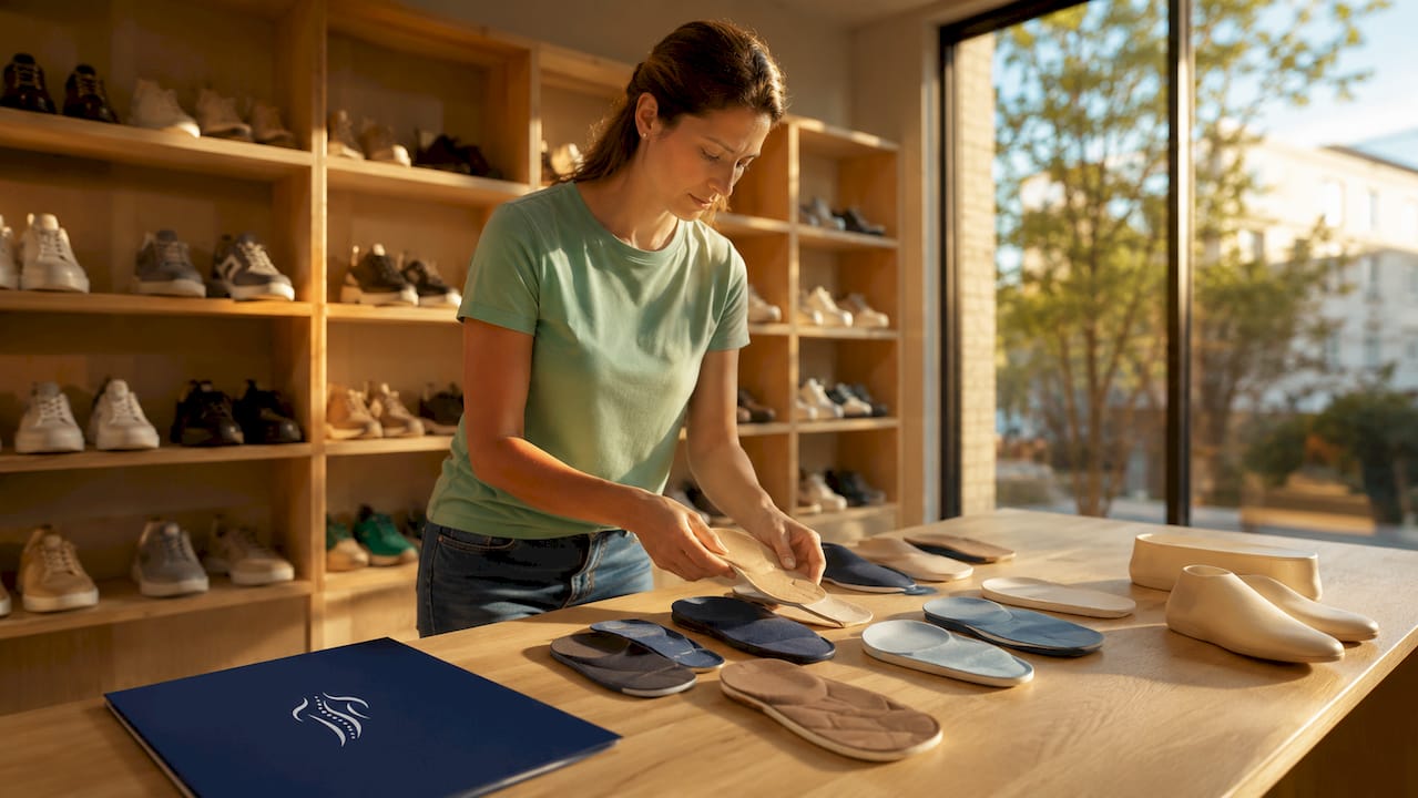 Unsere Schuh-Expertin stellt Ihnen individuell angepasste orthopädische Einlagen vor.