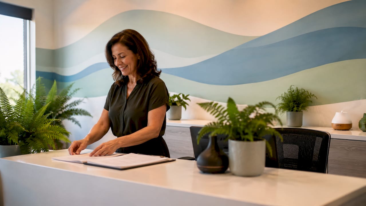 Wellness clinic receptionist with floral mural background