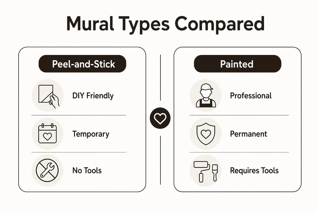Comparison infographic of peel-and-stick and painted murals