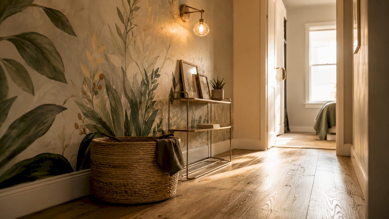 Overhead view of hallway with geometric mural and console table