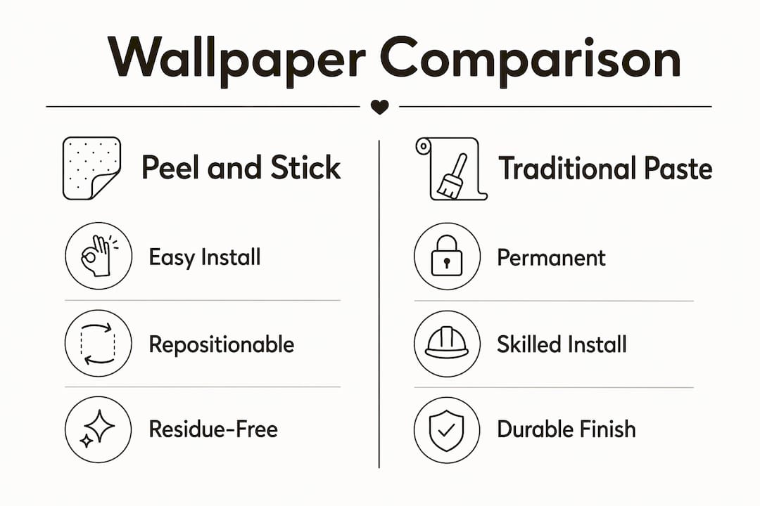 Infographic comparing peel and stick and traditional paste wallpaper