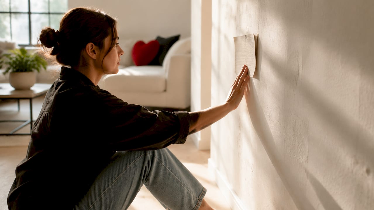 Hand testing wallpaper adhesion on textured rental wall