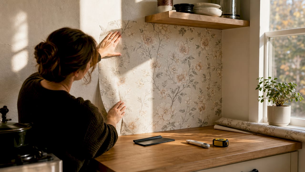 Overhead hands installing wallpaper panels