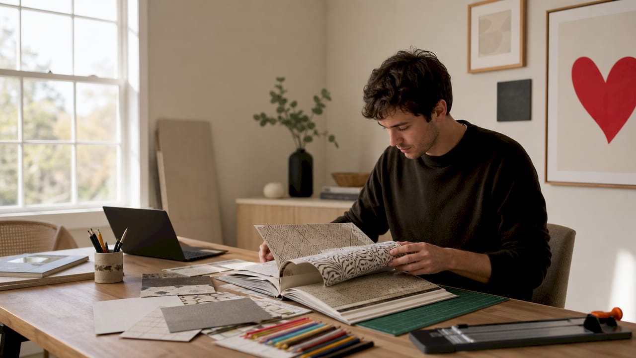 Person arranging wallpaper samples on desk
