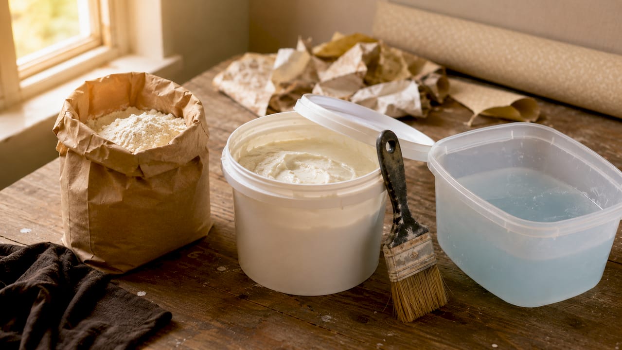 Various wallpaper pastes on workbench with tools