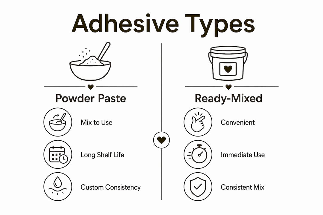 Infographic comparing wallpaper adhesive powder and ready-mixed types