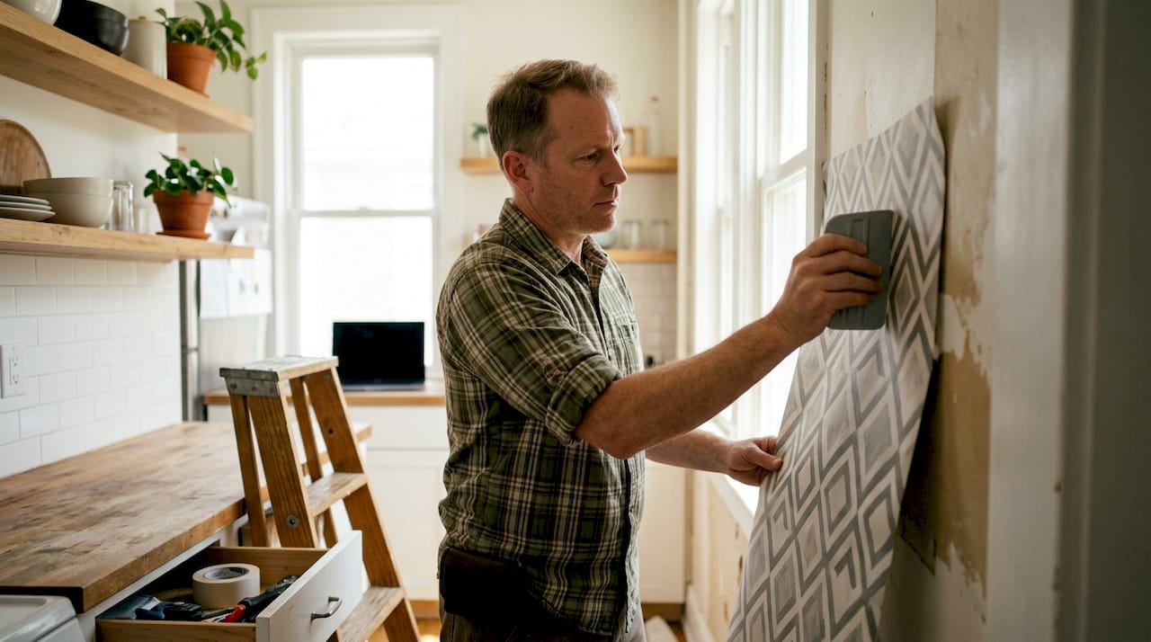 Man installing peel-and-stick wallpaper on wall