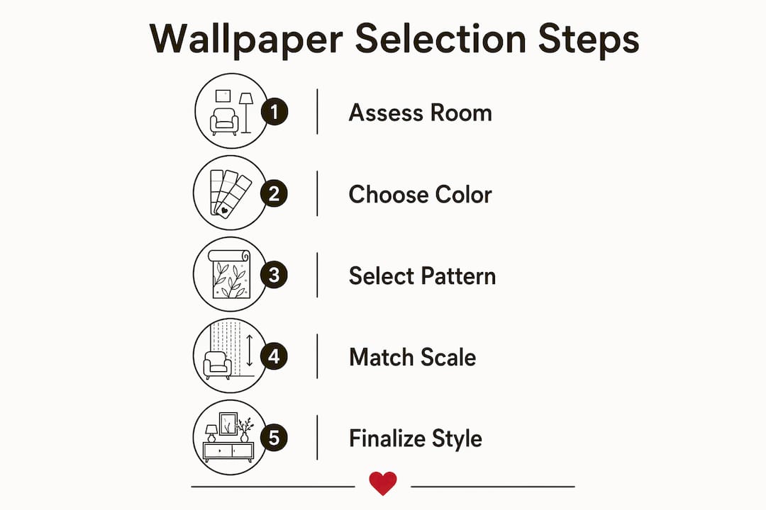 Infographic showing steps to select wallpaper color and pattern scale