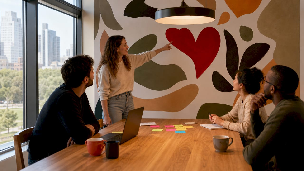 Team meeting in conference room with photo mural