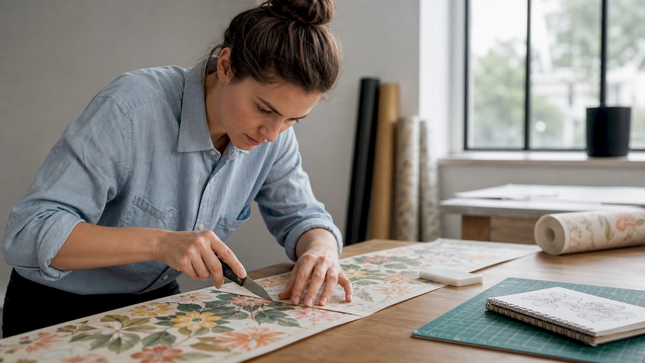 Close-up hands cutting wallpaper with utility knife