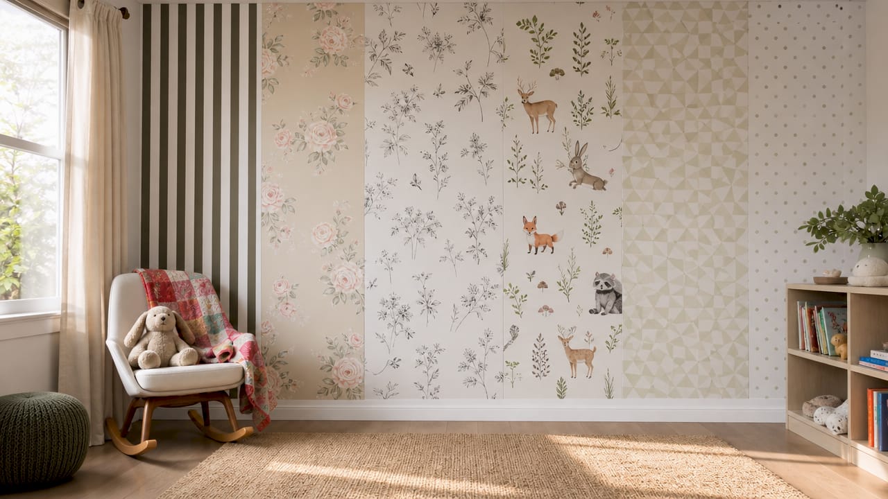 Nursery wall with six popular wallpaper patterns