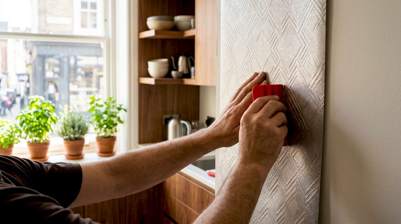 Hands installing embossed metallic wallpaper on wall