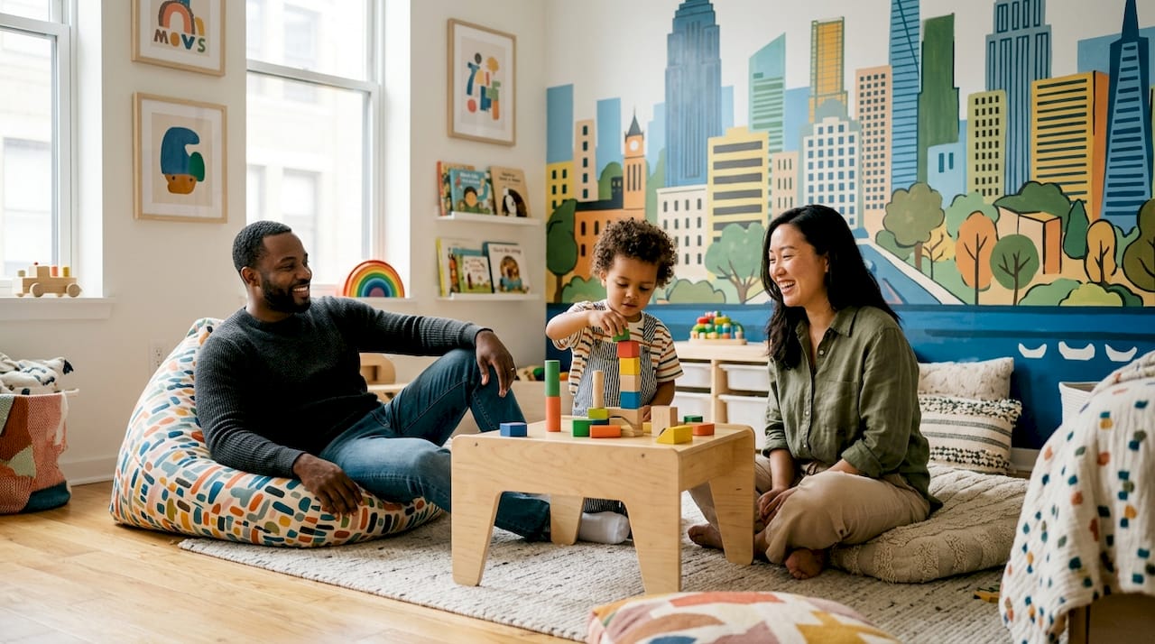 Family arranging furniture around scenic wall mural