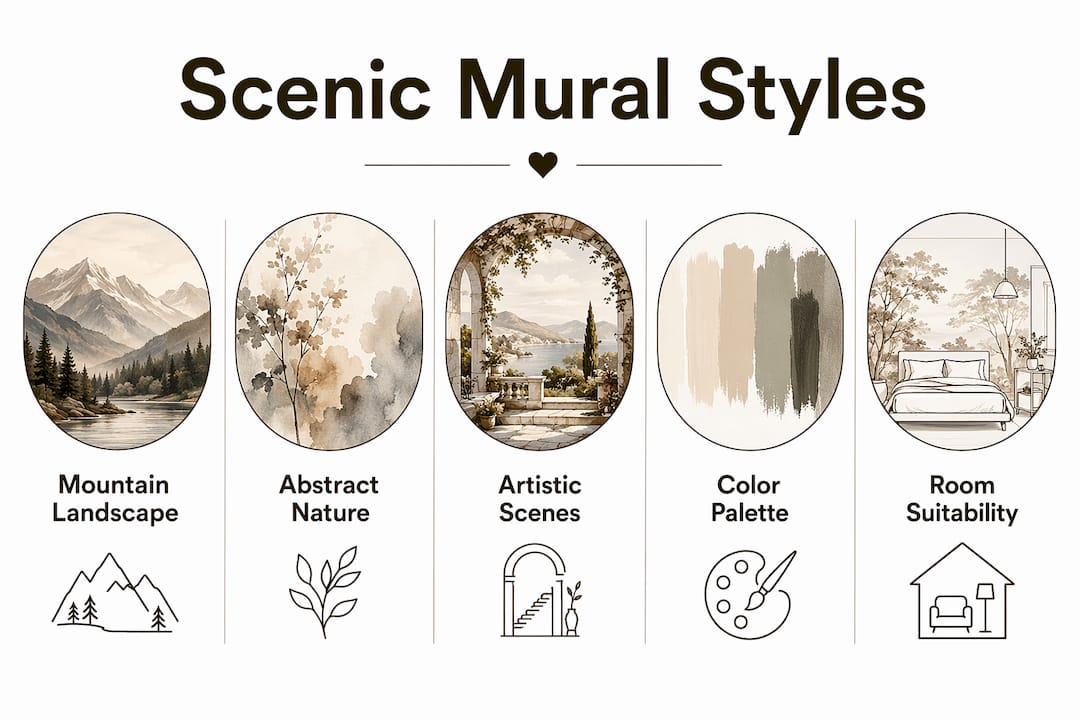 Infographic illustrating types of scenic mural wallpaper styles