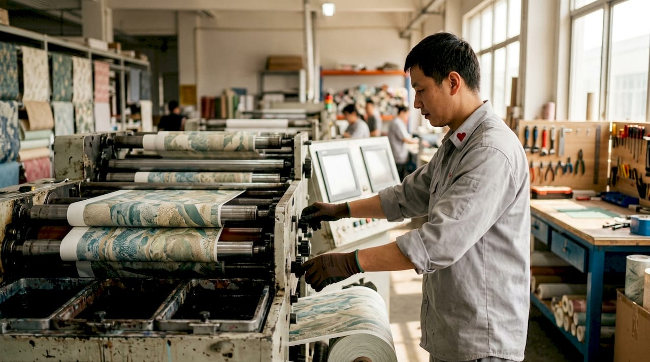 Wallpaper printing machine in factory