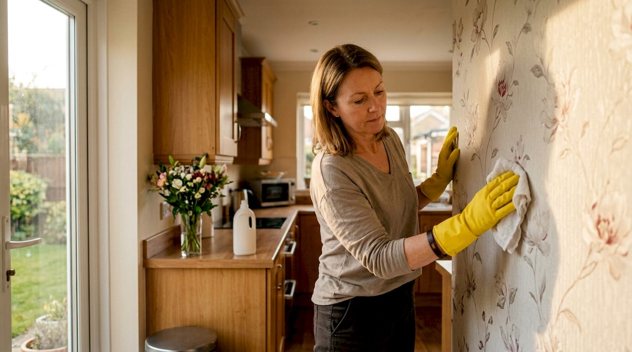 Hands cleaning vinyl wallpaper in bathroom