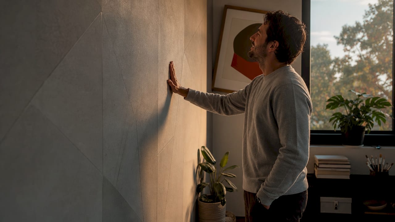 Hand feeling wall texture before wallpaper application