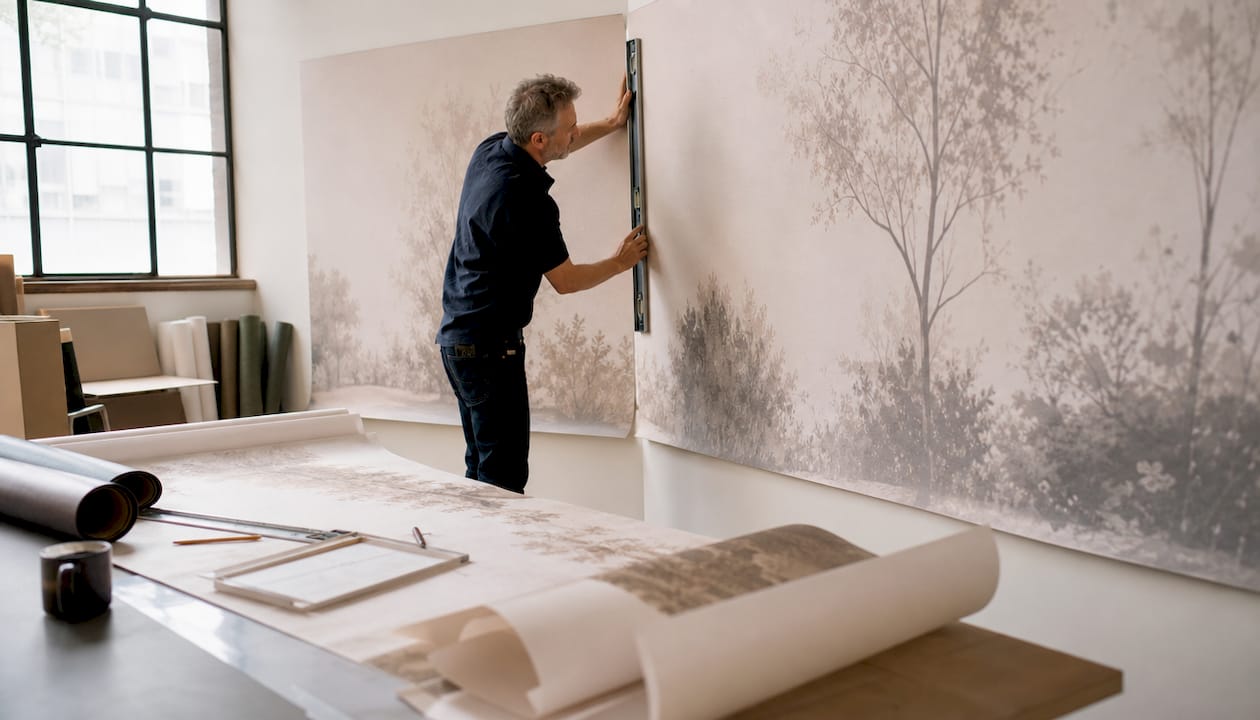 Craftsman aligning mural panels on multi walls
