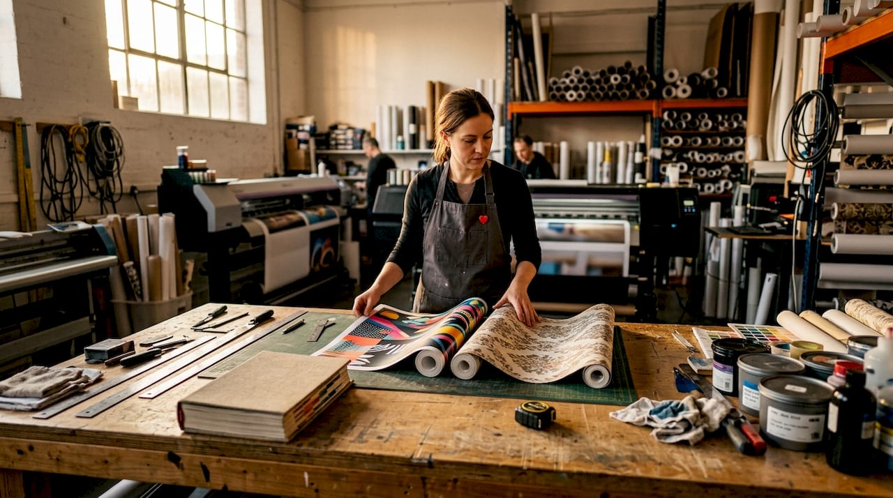 Technician comparing digital and traditional wallpaper prints