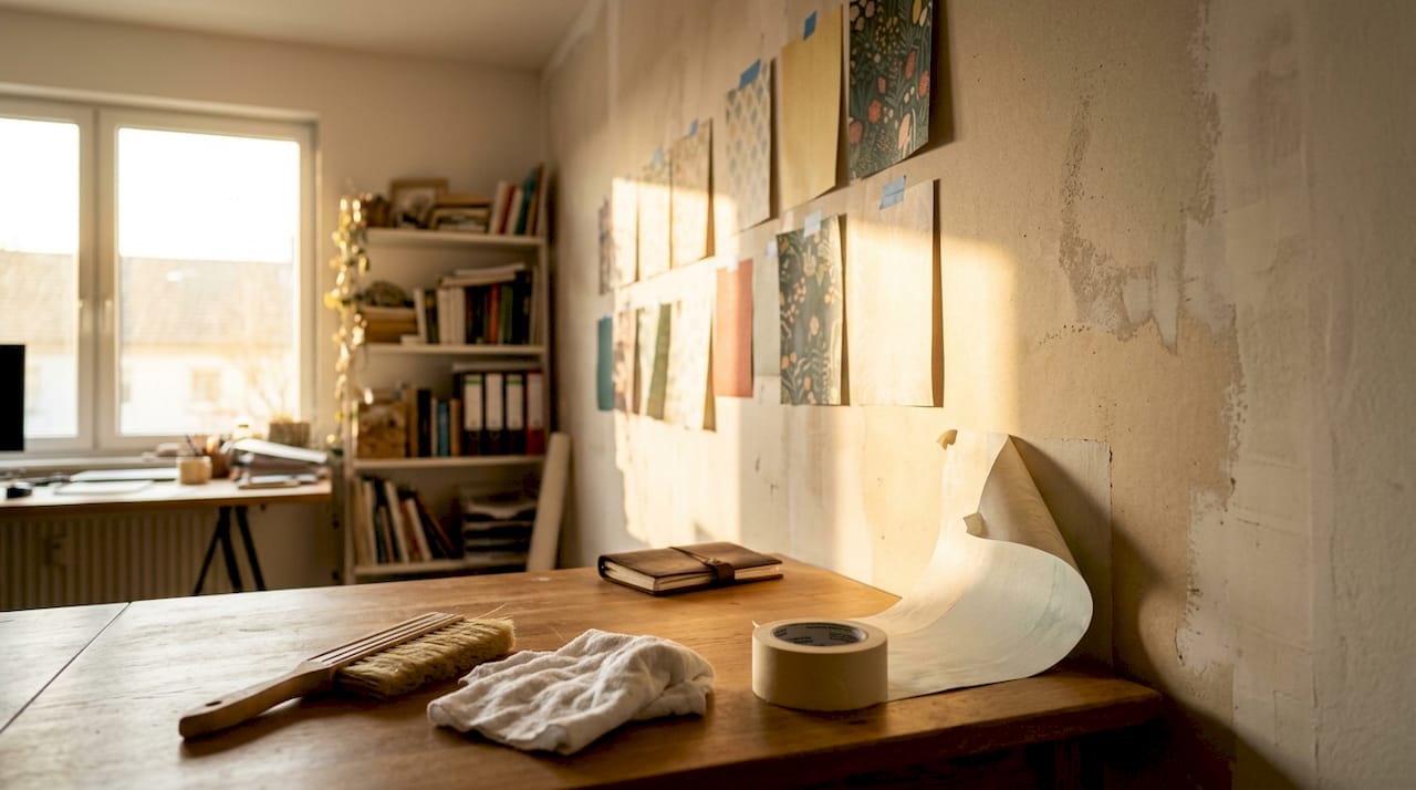 Detailed view of wallpaper sample and wall prep tools