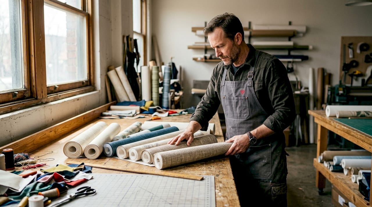 Hands inspecting wallcovering materials on workbench