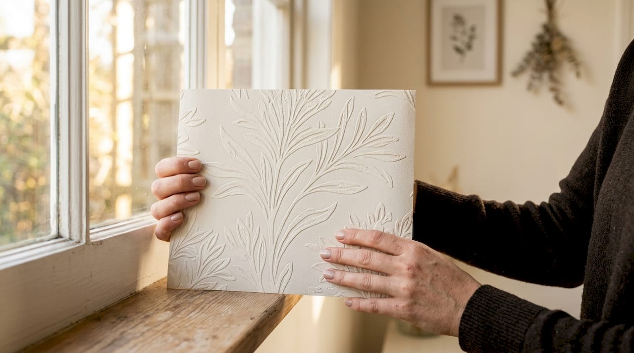 Close-up textured wallpaper panel in hands