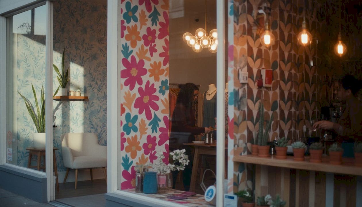 Varied storefront wallpaper styles by business type