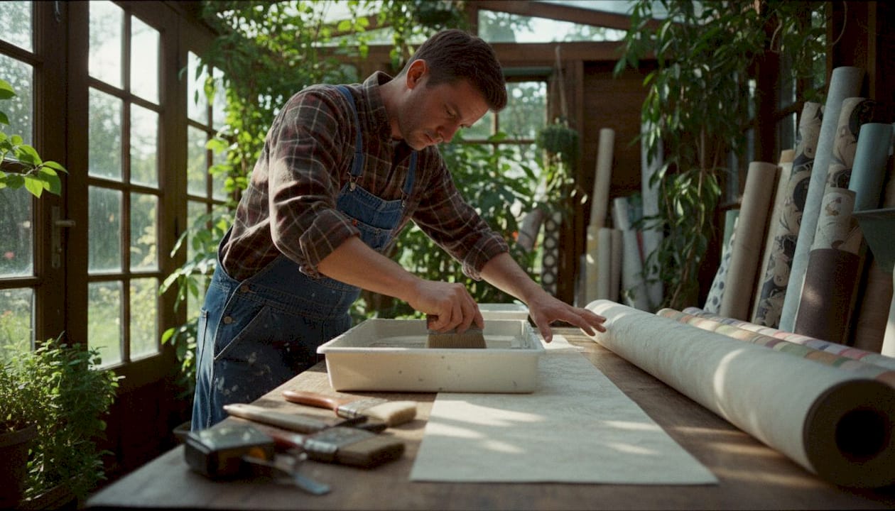 Hands applying adhesive to faux finish wallpaper roll in workshop.