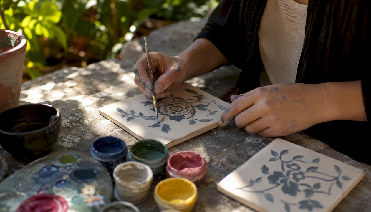 Close-up of hands hand-painting tile patterns