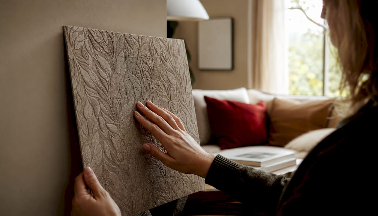 Hand touching textured wallpaper sample