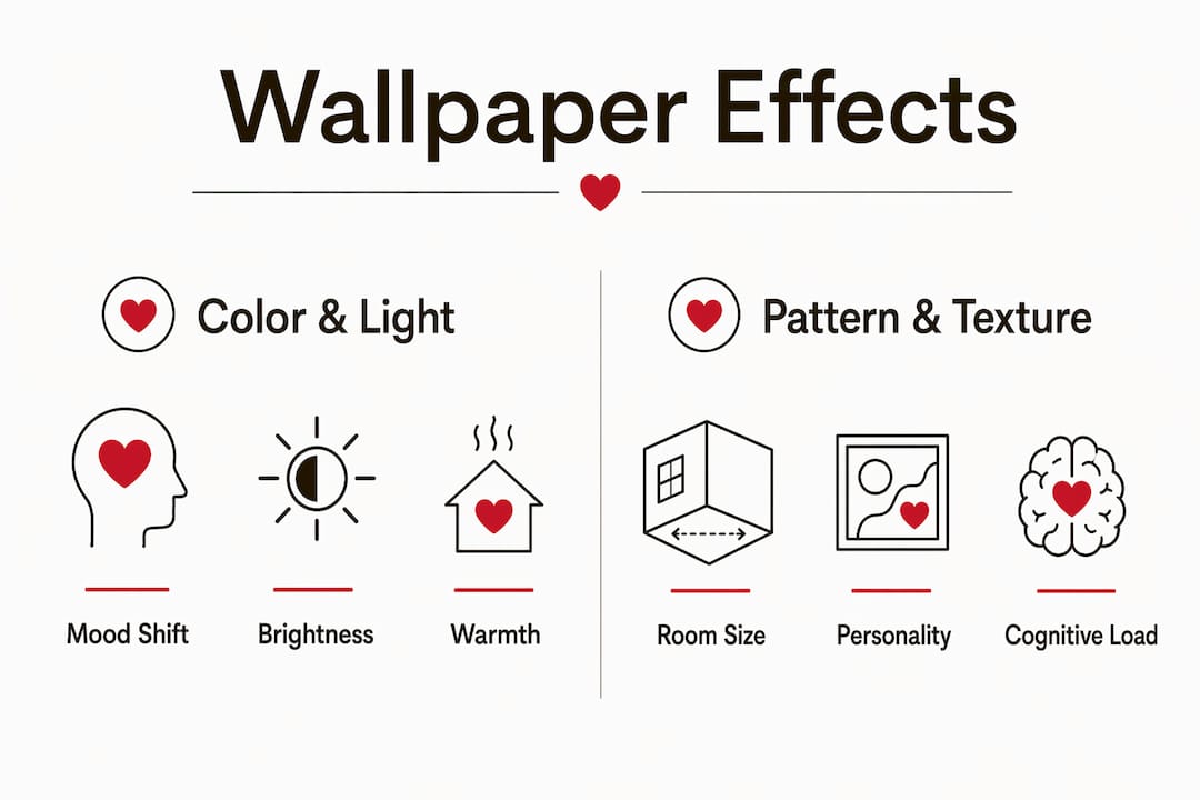Infographic contrasting wallpaper color/light and pattern/texture effects on rooms