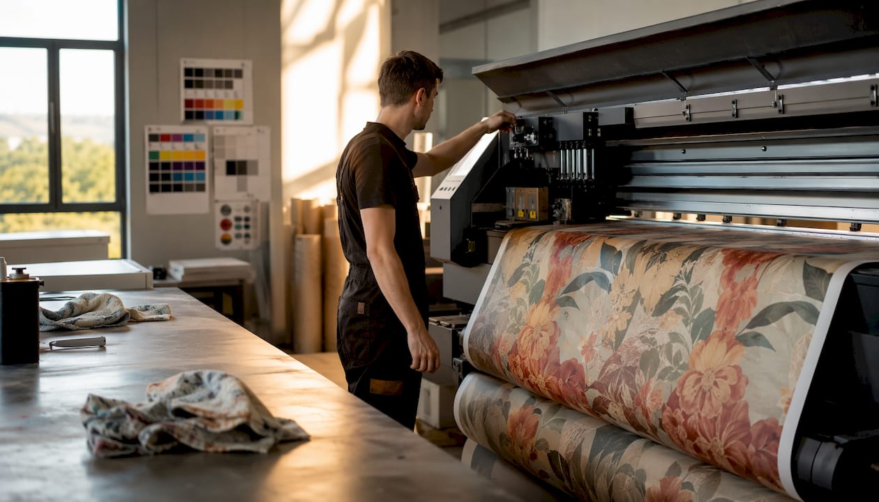 Print technician operating wallpaper printer