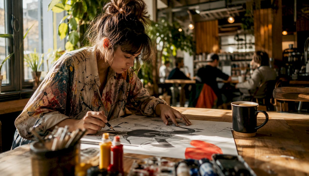 Artist sketching wall mural design in studio