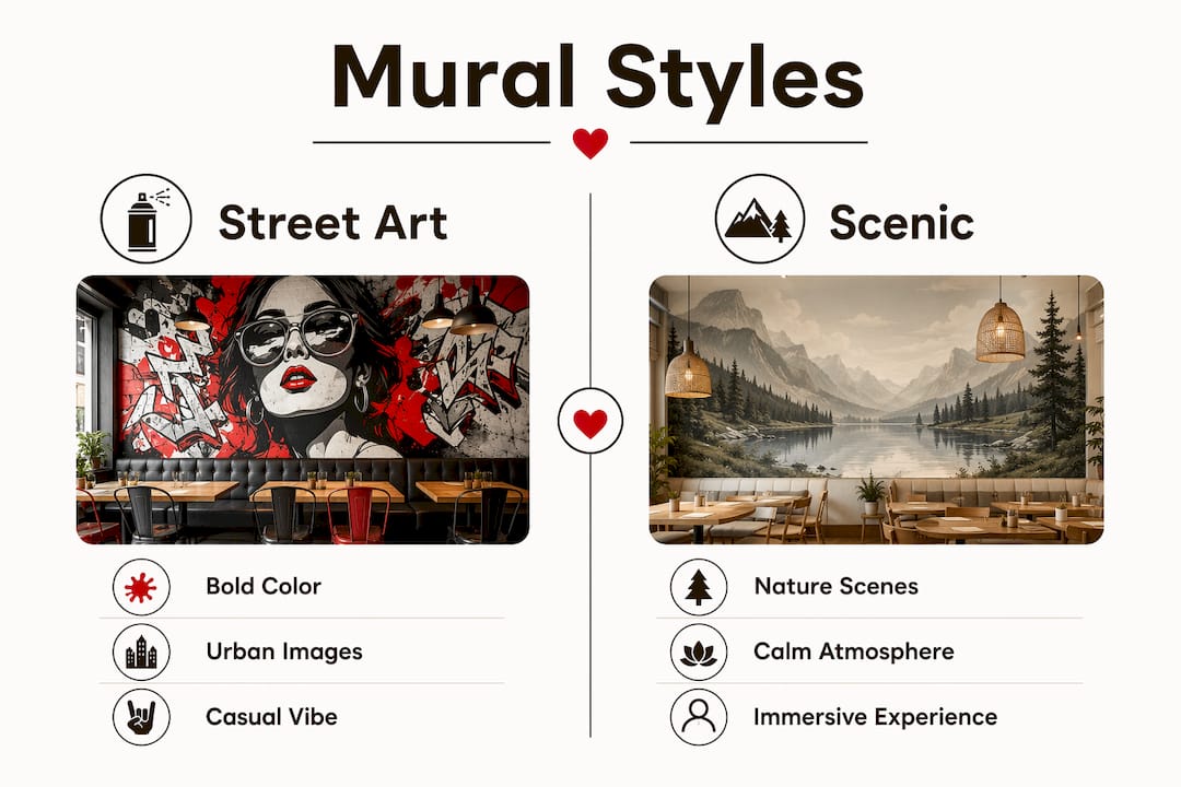 Infographic comparing restaurant mural styles