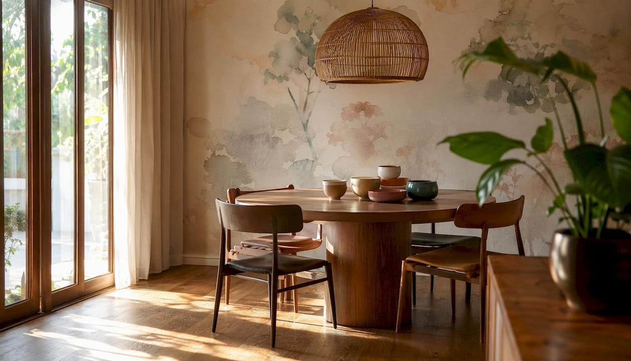Living room corner styled with watercolor wallpaper