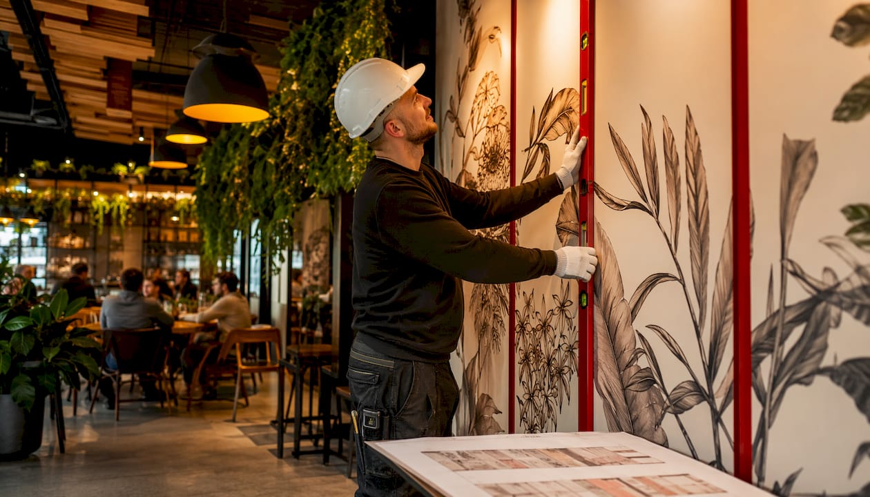 Installer checking mural panel sequence