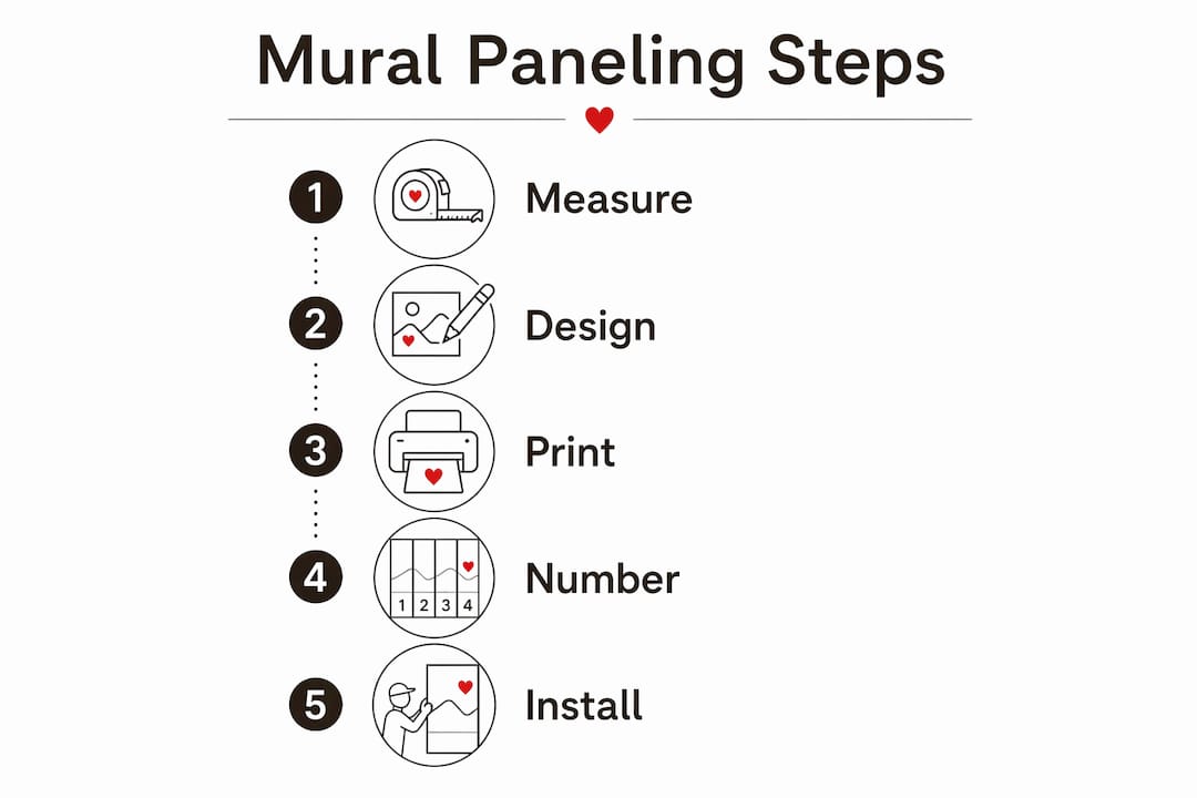 Step-by-step mural paneling infographic showing five stages
