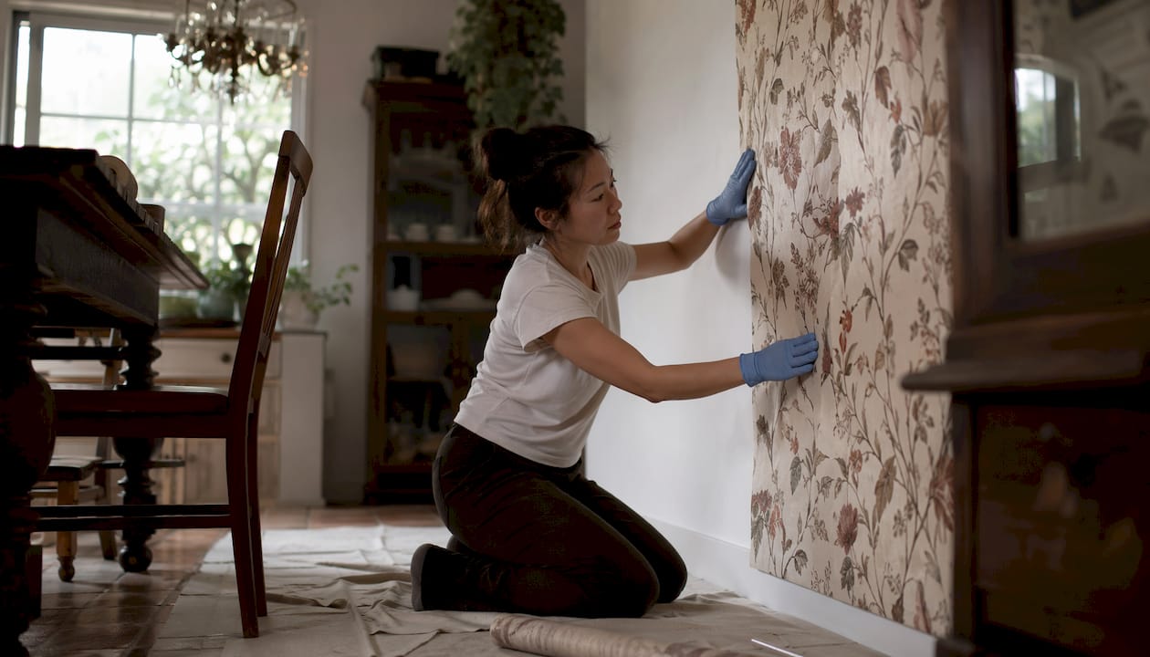 Woman installing wallpaper on accent wall
