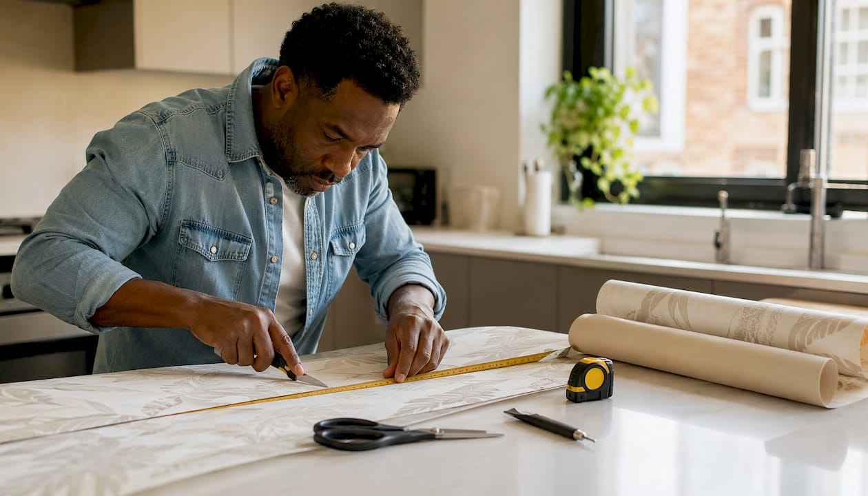 Hands measuring and cutting wallpaper