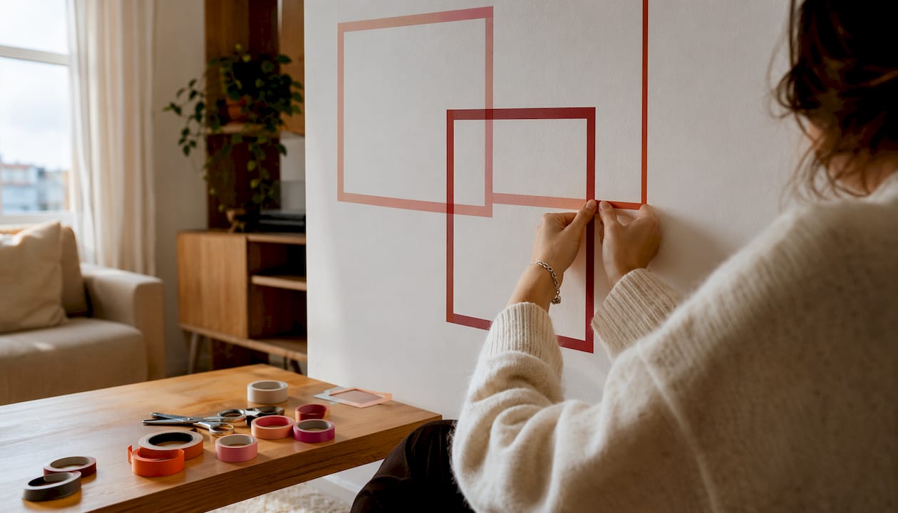 Hands applying washi tape wall accents in kitchen