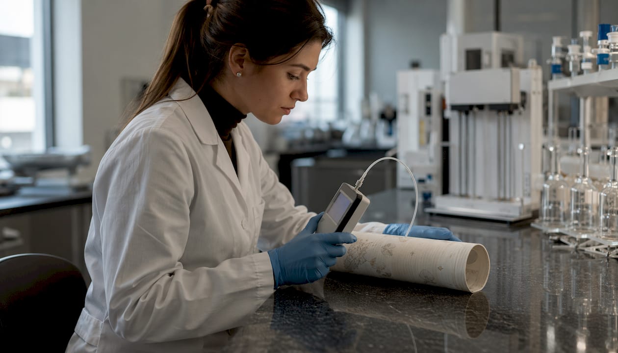 Lab technician testing wallpaper chemicals