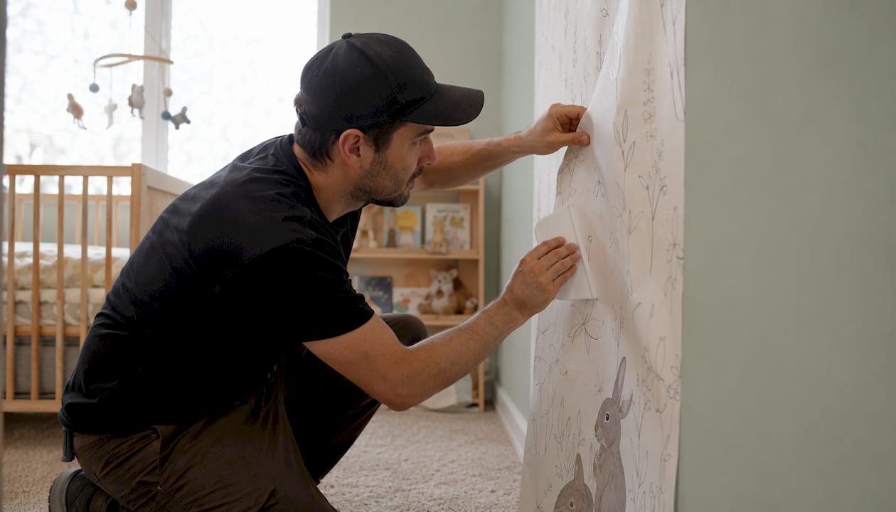 Installer applying peel-and-stick wallpaper