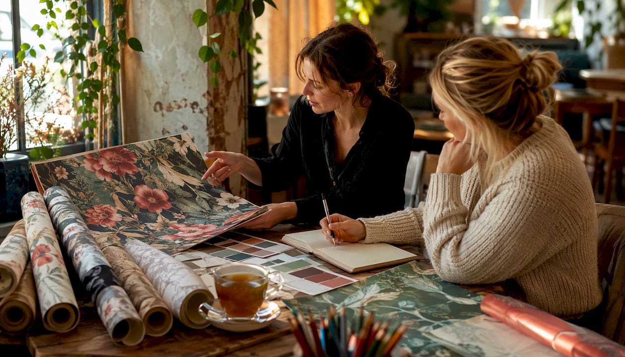 Two designers collaborating on wallpaper layering