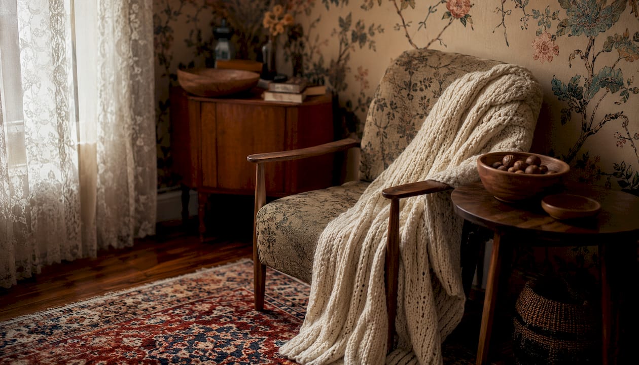 Textured wallpaper layered with textiles and furniture